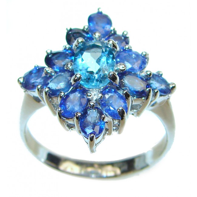 Genuine Swiss Blue Topaz Sapphire .925 Sterling Silver handcrafted Statement Ring size 8 1/4