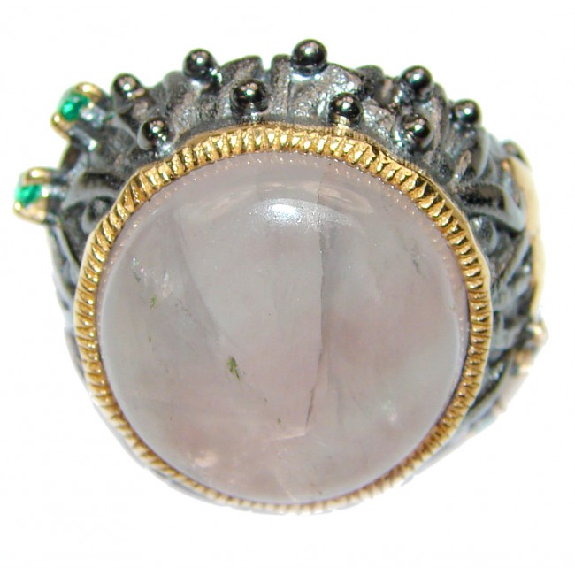 Luxurious Genuine Rose Quartz Emerald .925 Sterling Silver handcrafted Statement Ring size 6 1/4