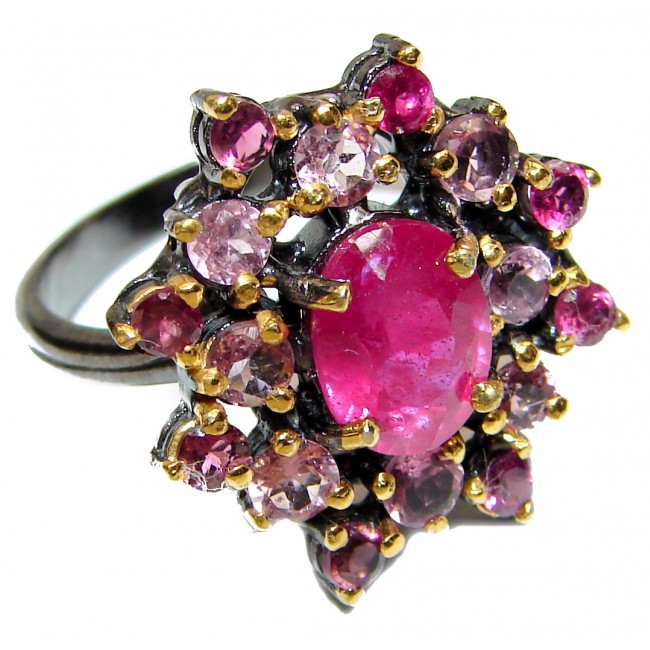 Genuine Ruby Tourmaline .925 Sterling Silver handcrafted Statement Large Ring size 8 1/4