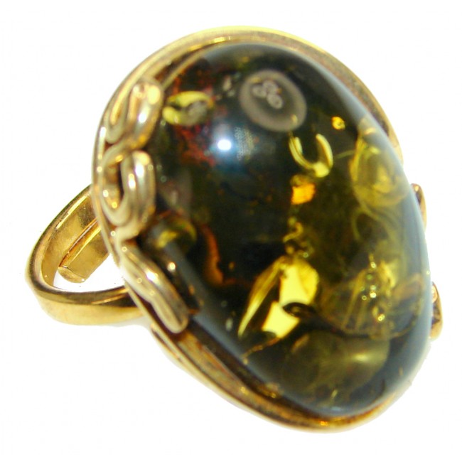 Authentic Green Baltic Amber 14K Gold over .925 Sterling Silver handcrafted ring; s 8 adjustable