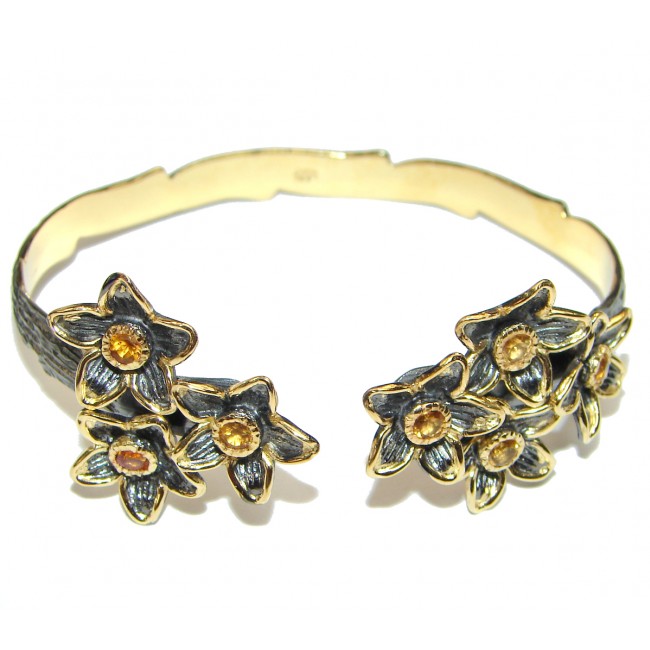 Flower Design Citrine 14K Gold over Gold .925 Sterling Silver Bracelet / Cuff