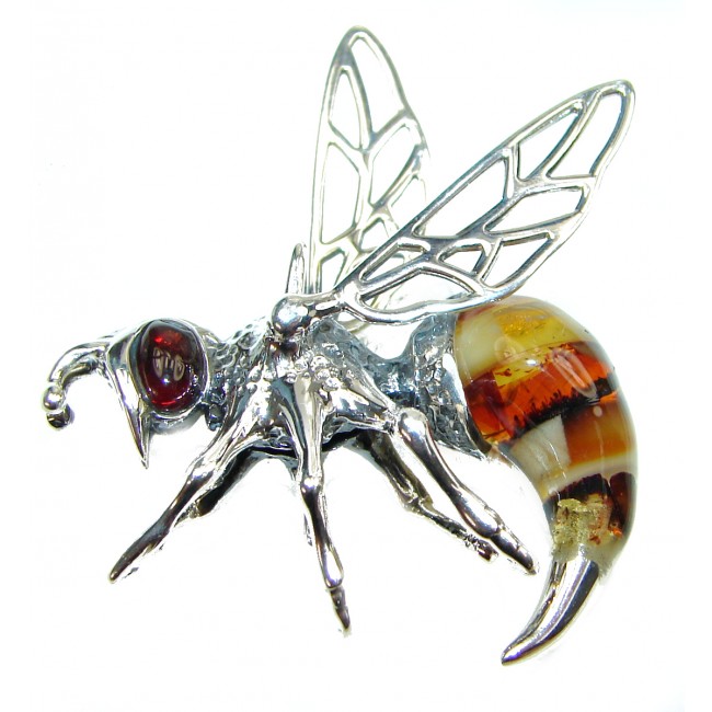 Real Masterpiece Honey Bee Baltic Polish Amber .925 Sterling Silver Handmade Pendant