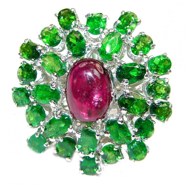 Perfect Flower 45 ctw Ruby Chrome Diopside .925 Sterling Silver handcrafted Statement Ring size 8 1/4