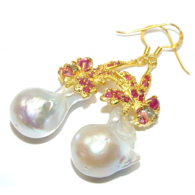 Precious Baroque Style genuine Mother of Pearl Emerald 24K Gold over .925 Sterling Silver earrings
