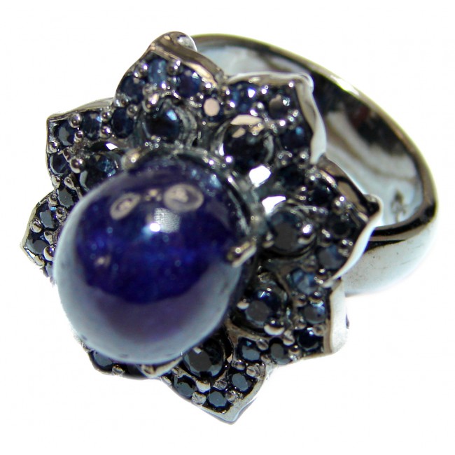 Large Vintage Design Natural Sapphire black rhodium over .925 Sterling Silver handcrafted Ring s. 7 3/4