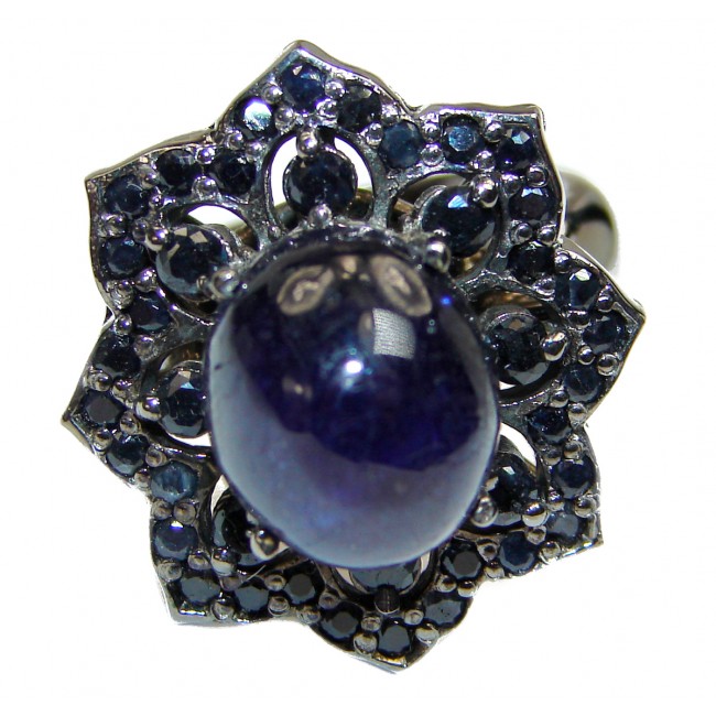 Large Vintage Design Natural Sapphire black rhodium over .925 Sterling Silver handcrafted Ring s. 7 3/4