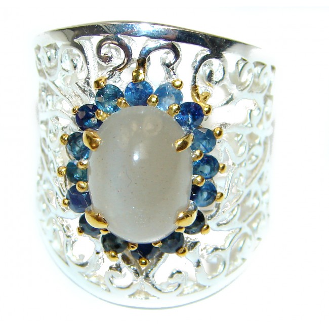 Fire Moonstone Sapphire 14K Gold over .925 Sterling Silver handmade ring s. 7 1/2