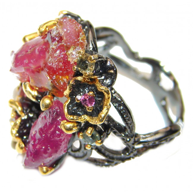 Authentic Rough Ruby Tourmaline black rhodium over 2 tones .925 Sterling Silver Ring size 8 1/4
