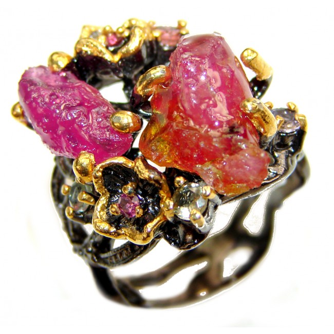 Authentic Rough Ruby Tourmaline black rhodium over 2 tones .925 Sterling Silver Ring size 8 1/4
