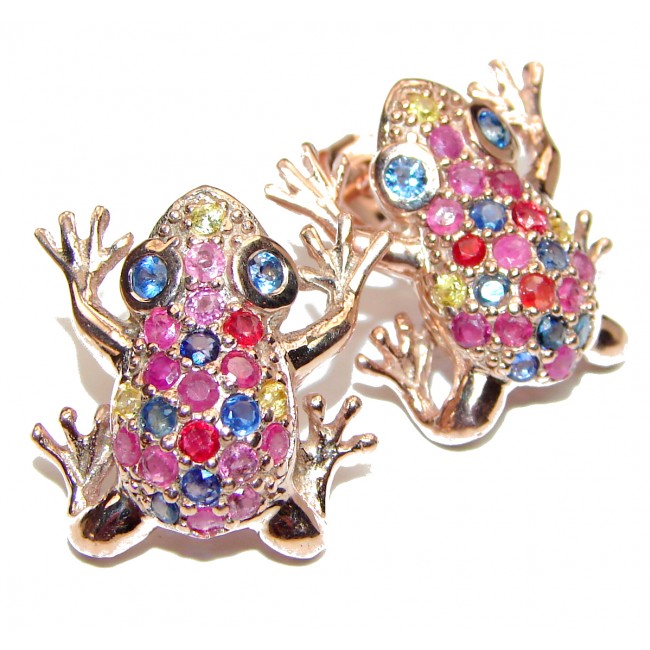 Frogs Sapphire Ruby Rose Gold over .925 Sterling Silver handcrafted earrings