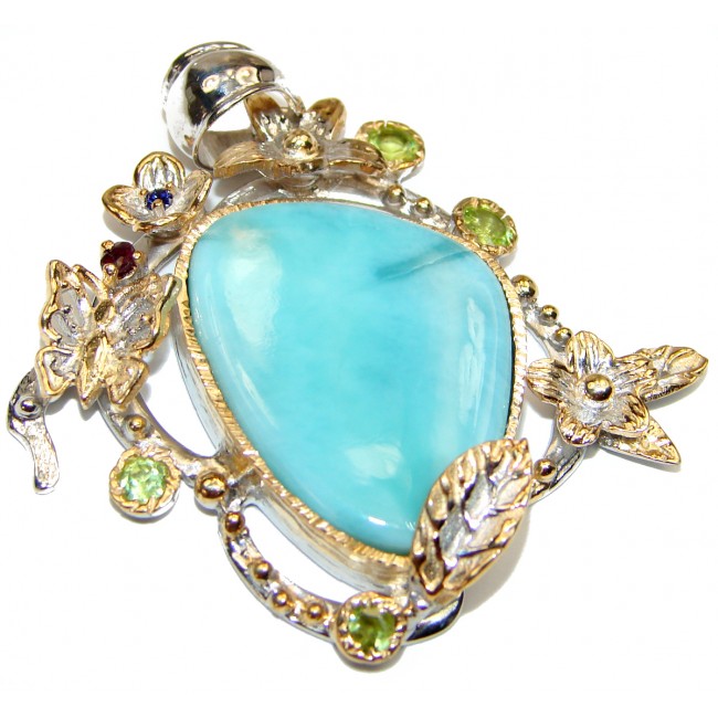 Best quality Authentic Caribbean Larimar 14K Gold over .925 Sterling Silver handmade pendant