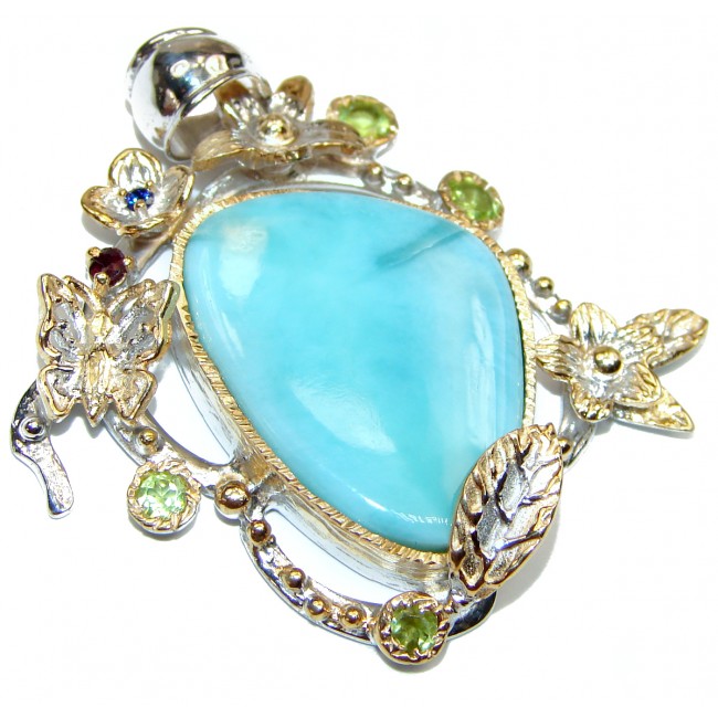 Best quality Authentic Caribbean Larimar 14K Gold over .925 Sterling Silver handmade pendant