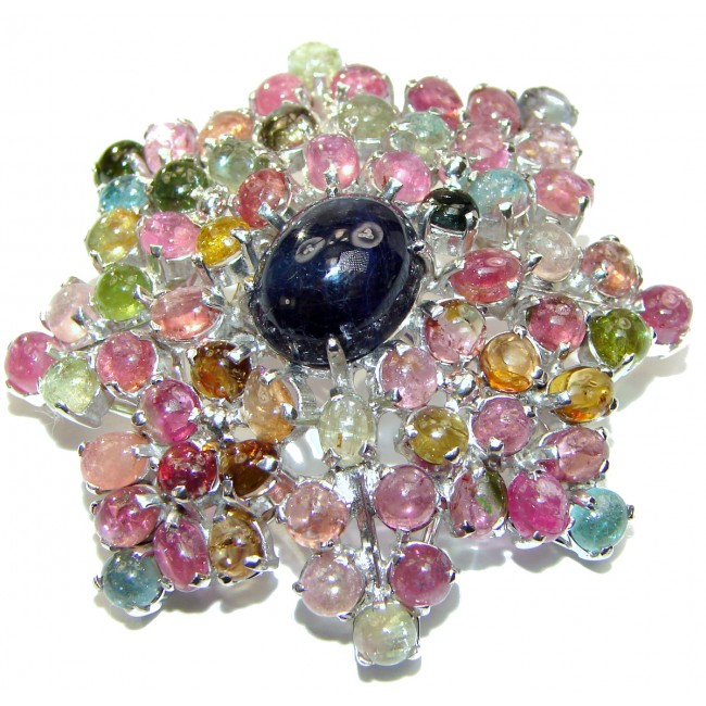 Real Vintage style Beauty Natural Sapphire Watermelon Tourmaline .925 Sterling Silver Pendant Brooch