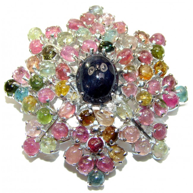 Real Vintage style Beauty Natural Sapphire Watermelon Tourmaline .925 Sterling Silver Pendant Brooch