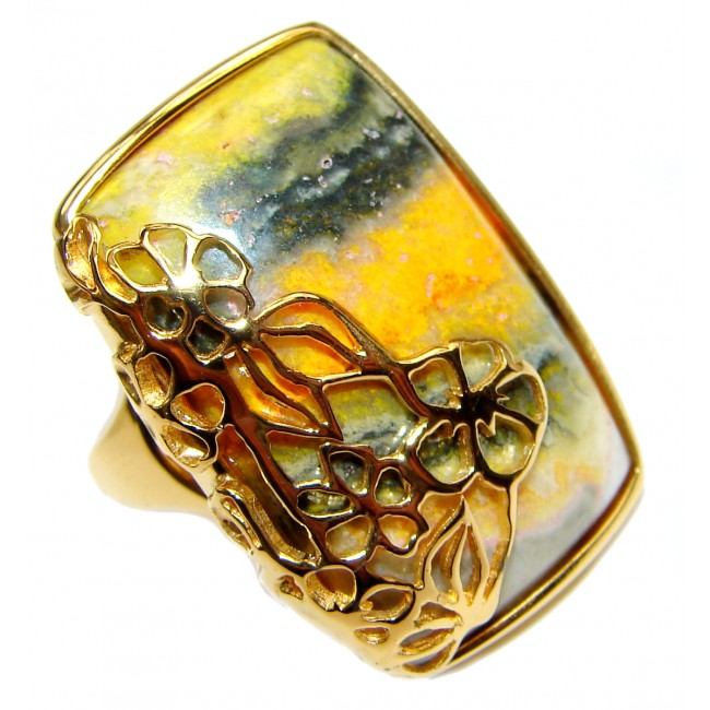 Vivid Beauty Yellow Bumble Bee 18K Gold over .925 Jasper Sterling Silver ring s. 8 1/4