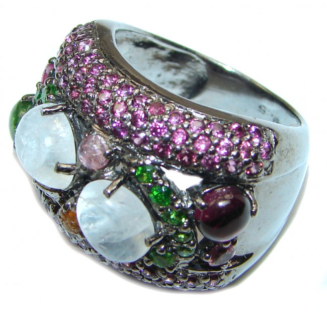 Summer Flower Fire Moonstone rhodium over .925 Sterling Silver handmade ring s. 9