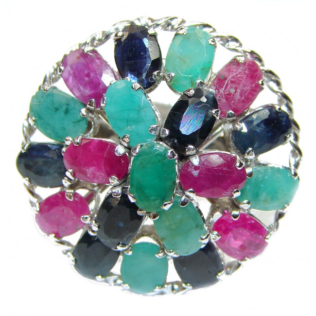 Valentina Genuine Ruby Emerald Sapphire .925 Sterling Silver handcrafted Statement Ring size 8