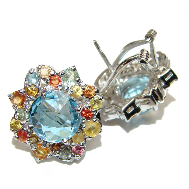 Incredible Swiss Blue Topaz multicolor Sapphire .925 Sterling Silver handcrafted HUGE earrings