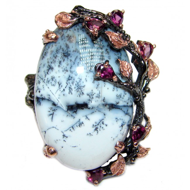 Huge Top Quality Dendritic Agate Garnet black rhodium over .925 Sterling Silver handcrafted Ring s. 9