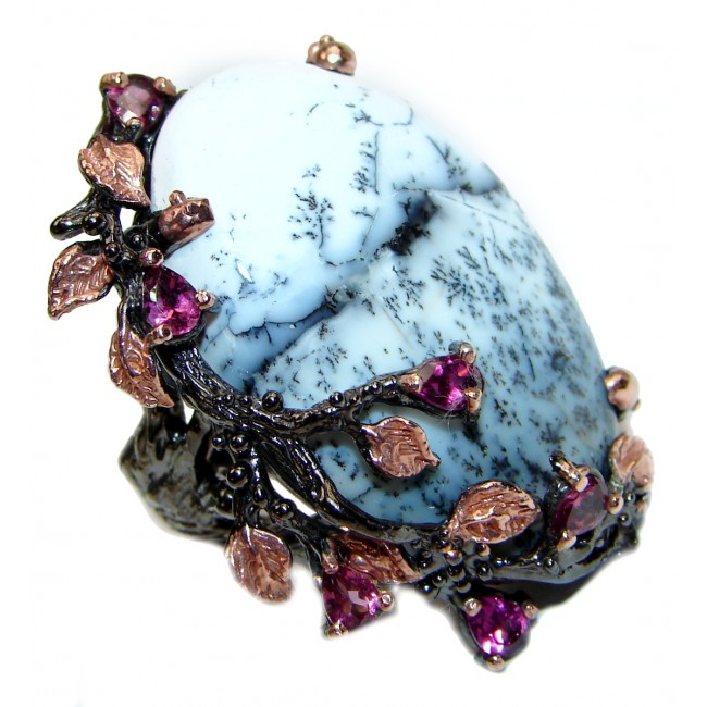 Huge Top Quality Dendritic Agate Garnet black rhodium over .925 Sterling Silver handcrafted Ring s. 9