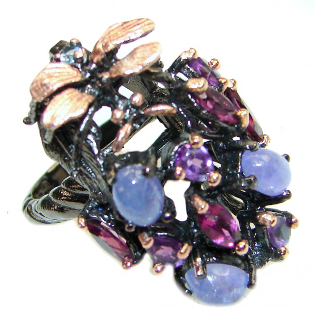 Bouquet of Flowers Authentic Tanzanite black rhodium over .925 Sterling Silver handmade Ring s. 7