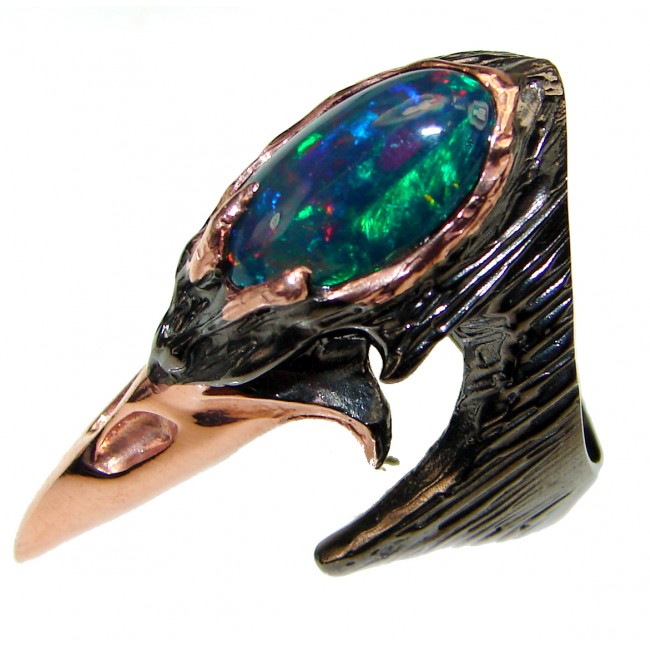 Plague Doctor 10.5ctw Genuine Black Opal Rose Gold over .925 Sterling Silver handmade Ring size 8 1/2