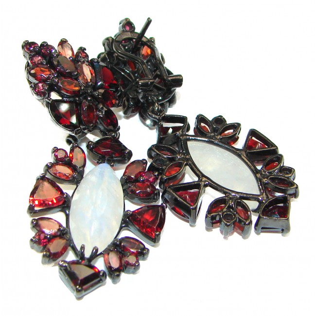Genuine Fire Moonstone Garnet black rhodium over .925 Sterling Silver handcrafted Earrings