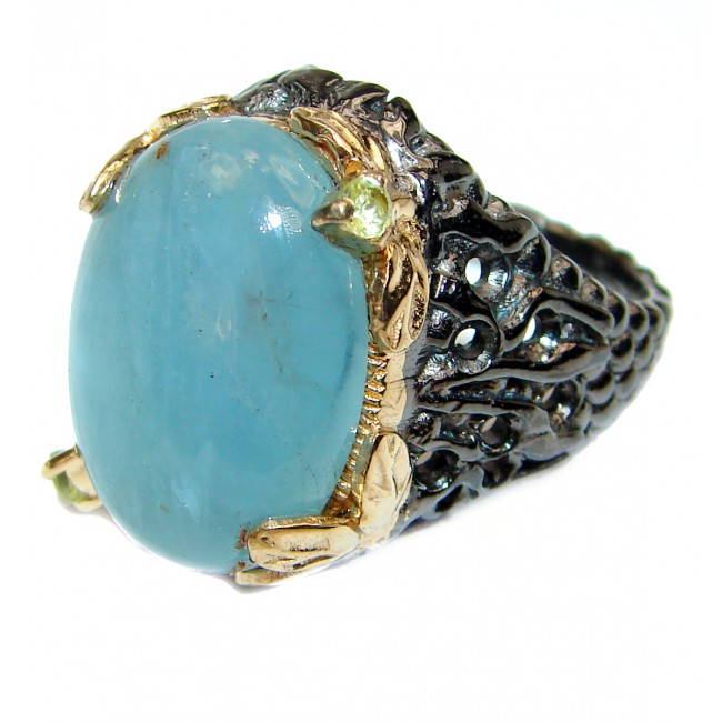 Huge Aquamarine 18k Gold Rhodium over .925 Sterling Silver handcrafted ring size 8