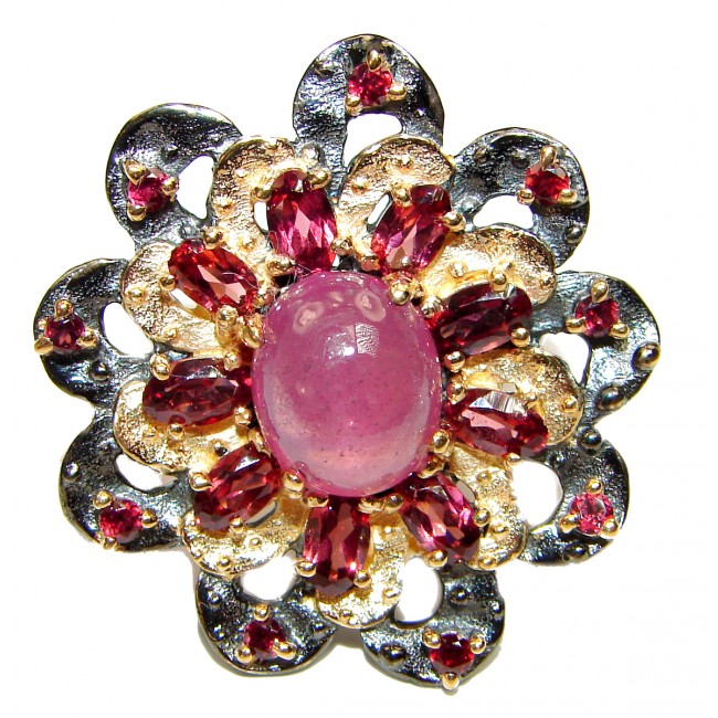 Cassiopeia Large Natural Ruby 2 tones .925 Sterling Silver handcrafted Ring s. 8