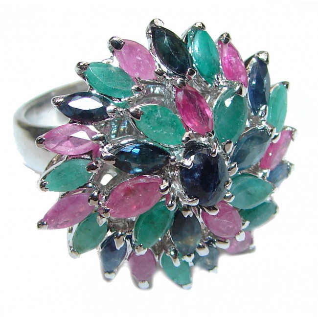 CARMEN Genuine Ruby Emerald Sapphire .925 Sterling Silver handcrafted Statement Ring size 7 1/2