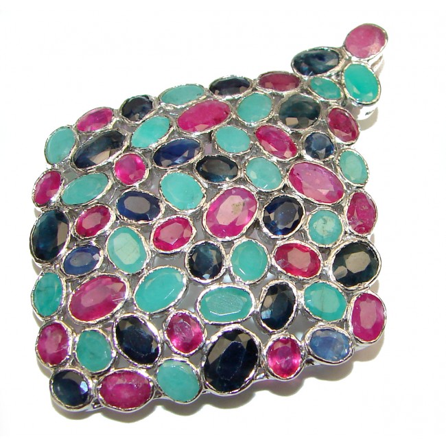 SPECTACULAR Genuine Kashmir Ruby Emerald Sapphire .925 Sterling Silver handmade Pendant - Brooch