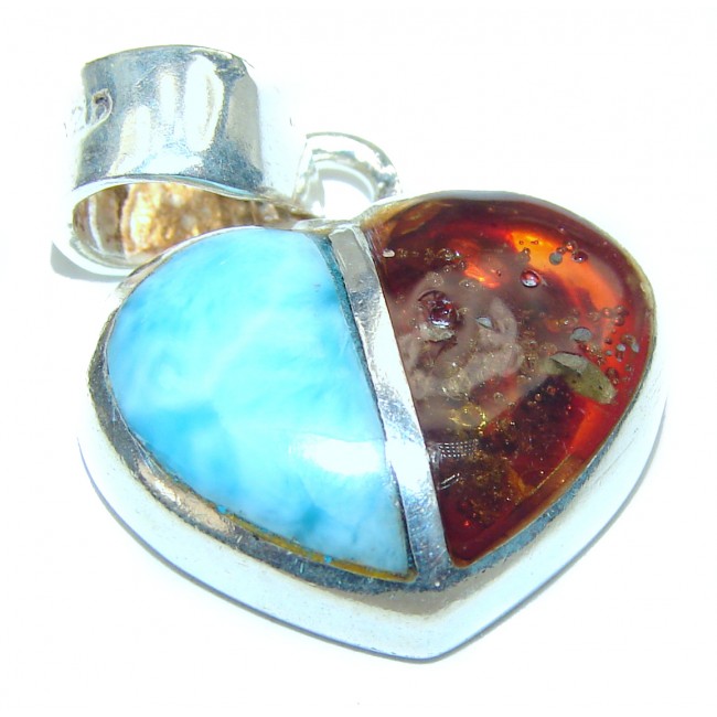 Huge Angel's Heart amazing quality Larimar Amber .925 Sterling Silver handmade pendant