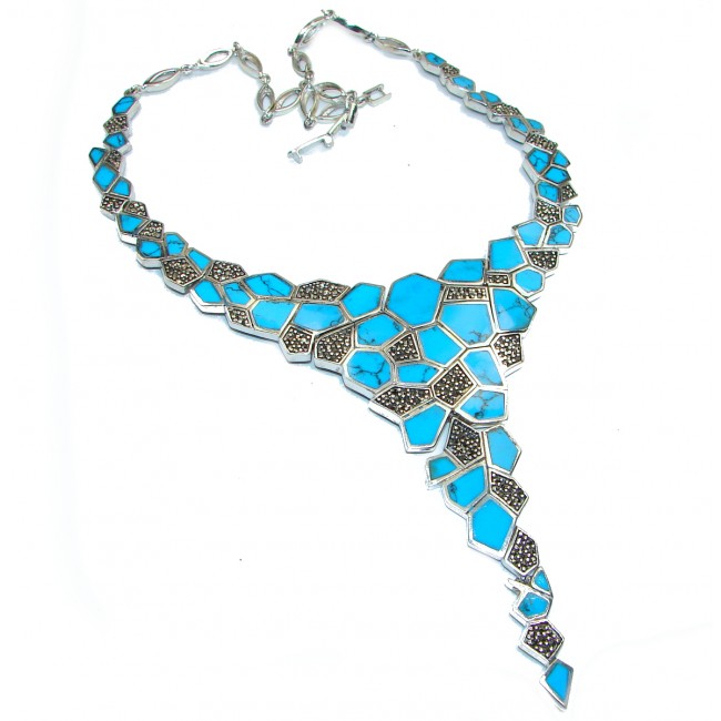 MASSIVE Genuine inlay Turquoise Marcasite .925 Sterling Silver handmade handcrafted Necklace