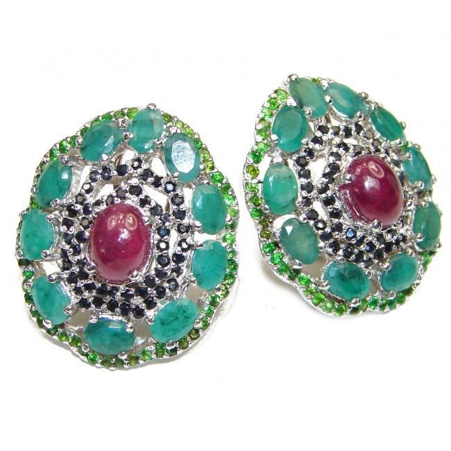 Authentic Ruby Emerald .925 Sterling Silver handmade Large statement earrings