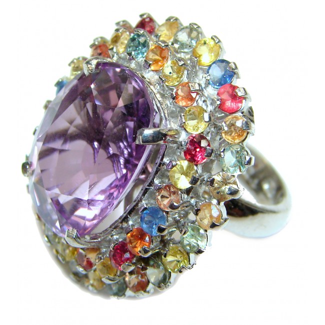 Red Carpet Style genuine Pink Amethyst multicolor Sapphire .925 Sterling Silver handcrafted Ring size 8