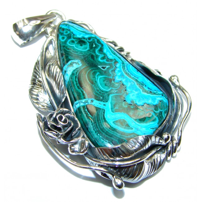 Large Victorian style AAAAA+ Chrysocolla .925 Sterling Silver handcrafted Pendant