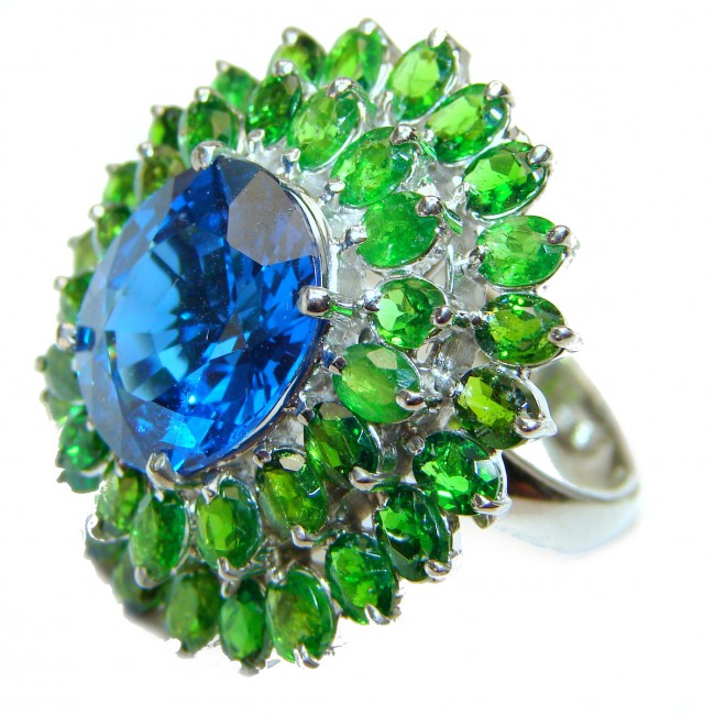 25ct Electric Blue Topaz Chrome Diopside .925 Sterling Silver LARGE handmade ring s. 7 3/4