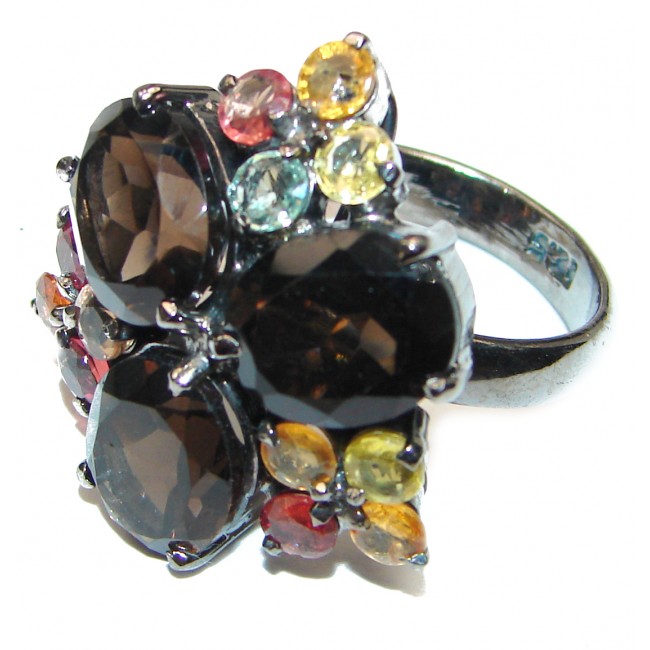 Very Bold Champagne Smoky Topaz Sapphire .925 Sterling Silver Ring size 8