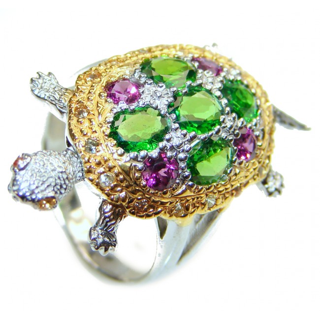 Good health and Long life Turtle 18ctw Genuine Chrome Diopside 24K Gold over .925 Sterling Silver handmade Ring size 7 1/2