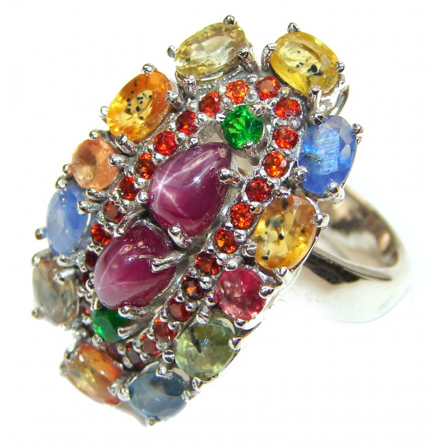 Genuine Ruby Star multicolor Sapphire .925 Sterling Silver handmade LARGE Cocktail Ring s. 8 1/4