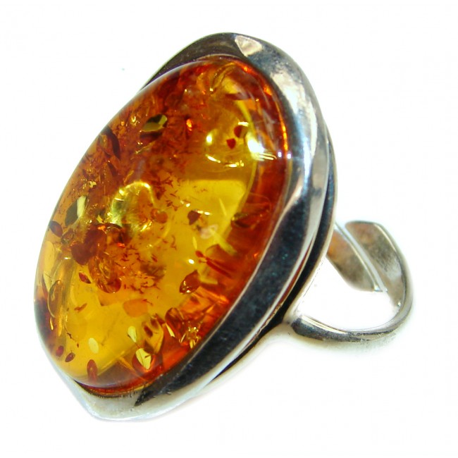 Vintage Design Genuine Polish Amber .925 Sterling Silver handmade LARGE ring size 7 adjustable