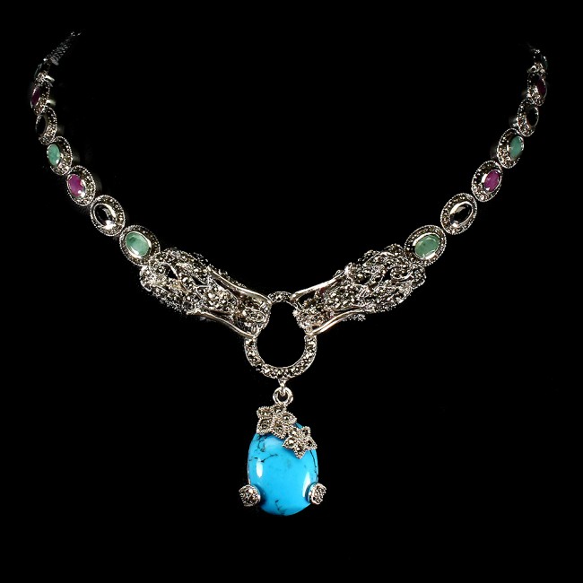 MASSIVE Dragons Genuine Turquoise Marcasite .925 Sterling Silver handmade handcrafted Necklace