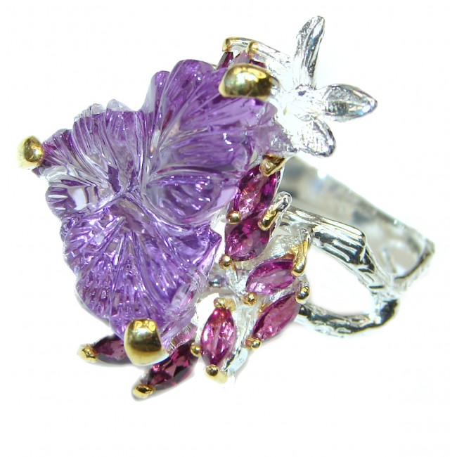 Jumbo Vintage Style Carved Amethyst .925 Sterling Silver handmade Cocktail Ring s. 8 3/4