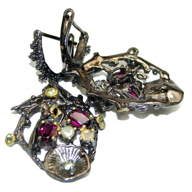 Floral Design Huge Authentic Garnet 14K Gold over .925 Sterling Silver handmade earrings