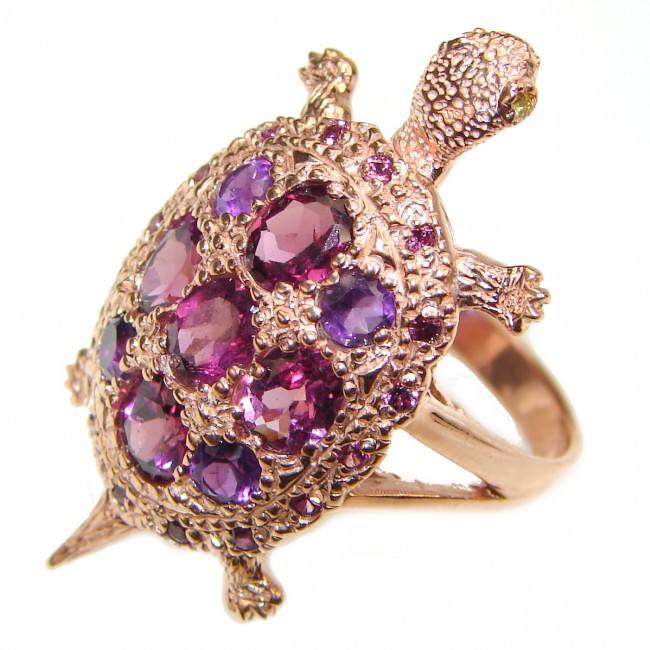 Good health and Long life Turtle 18ctw Genuine Garnet 24K Gold over .925 Sterling Silver handmade Ring size 7 3/4