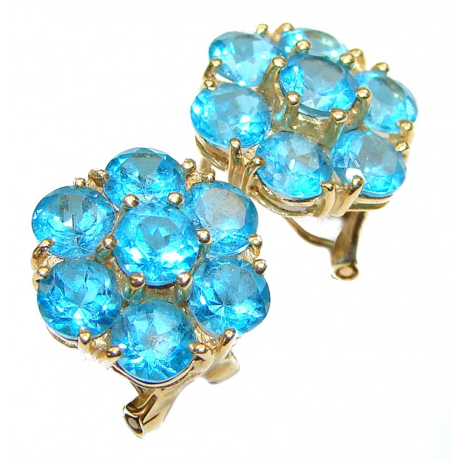 14K yellow Gold Six-Petal Flower 8.12 carat Swiss Blue Topaz Earrings