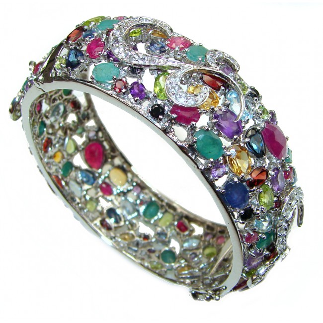 Spectacular authentic Ruby Multigem .925 Sterling Silver handmade bangle Bracelet