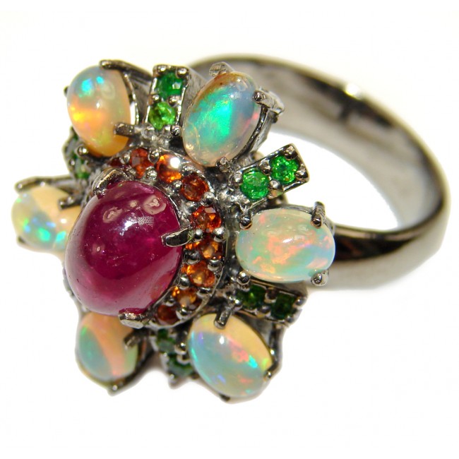 Valentina Genuine Ruby Opal black rhodium over .925 Sterling Silver handcrafted Statement Ring size 8