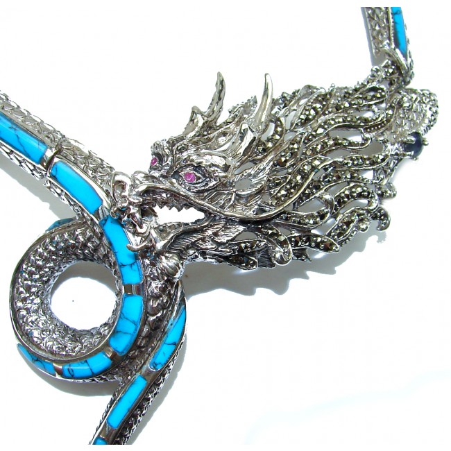 MASSIVE Dragon Amazing Genuine inly Turquoise Marcasite .925 Sterling Silver handmade handcrafted Necklace