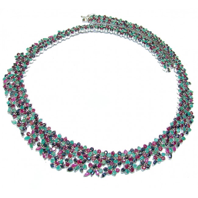 Magnificent Jewel authentic Sapphire Ruby Emerald .925 Sterling Silver handcrafted necklace